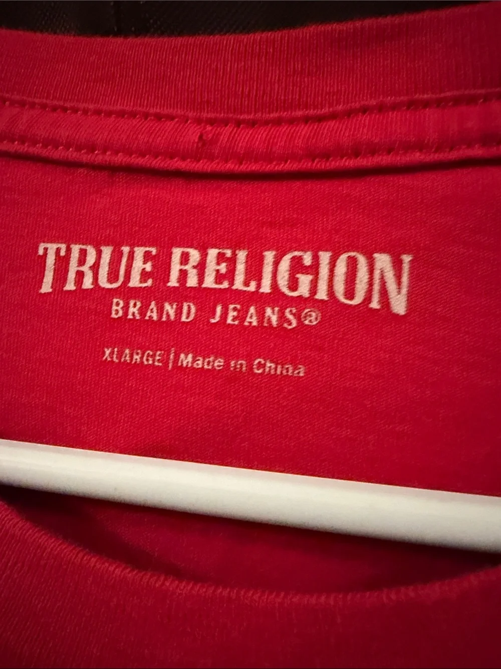 True Religion Red Tee with Buddha Guitar Graphic
